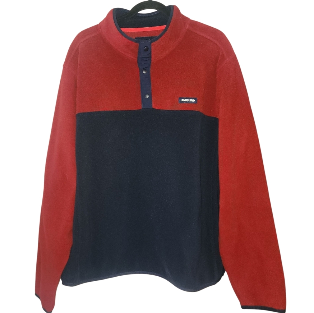 Lands End Men’s Polar Fleece Pullover Red Blue Colorblock Big Tall XXL 50 52